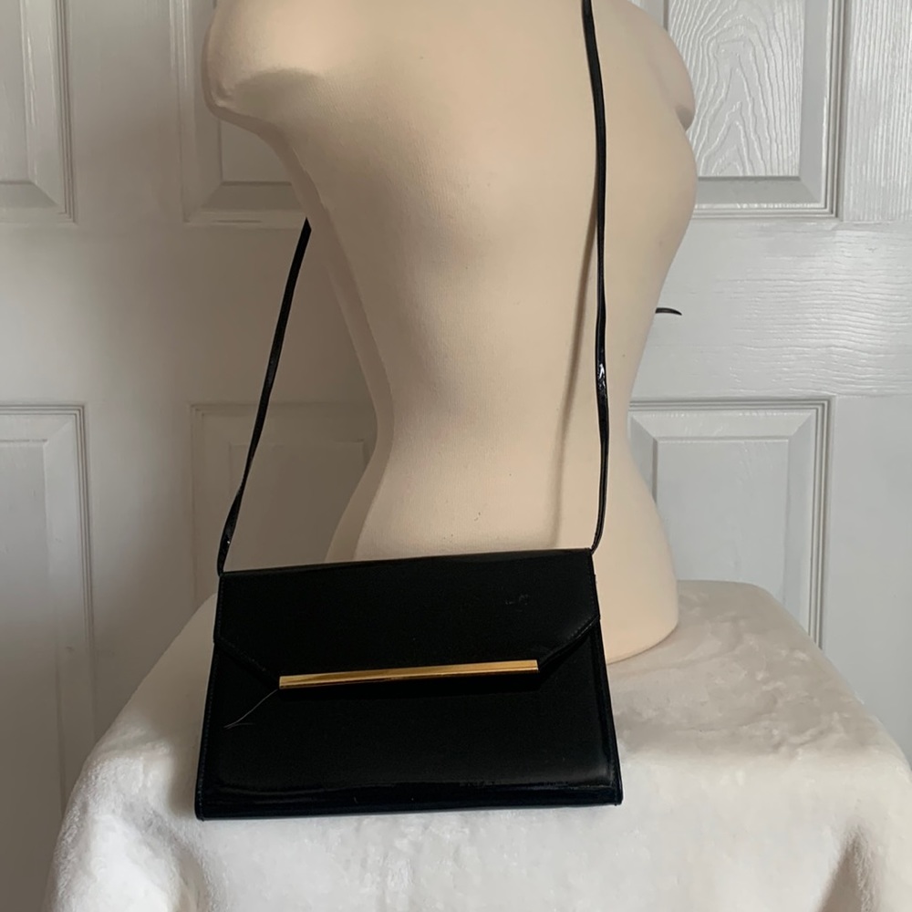 Vintage classy black patent handbag with gold accent